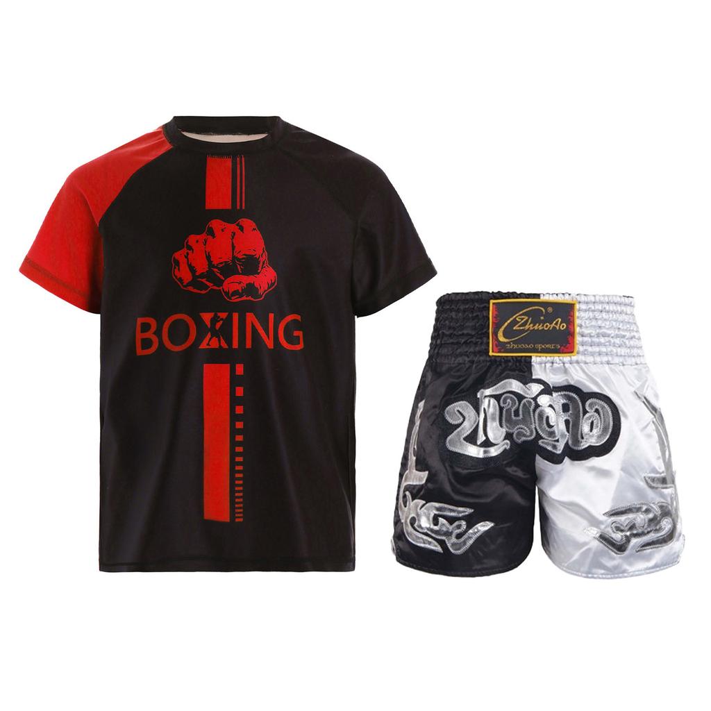 Boys Boxer Training Set Color Block Patchwork T Shirt Round Neck Short Sleeve Athletic Top Boxing Shorts