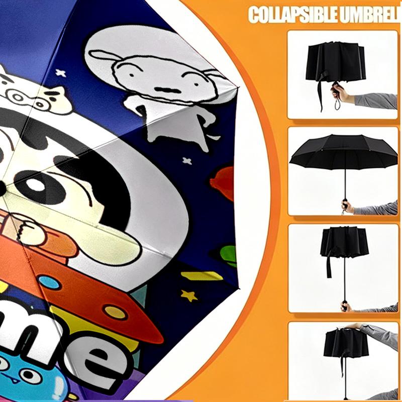 Custom Name Personalized Crayon Shin Print Umbrella, Auto Open Close, 8‑Rib Sturdy Frame, Commute Camping Hiking Use, Birthday Gift