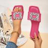 Women Slippers Square Head Flat Shoes Solid Color Lightweight Sandals Korean Style Open Toe Slippers Rhinestone Slides Women