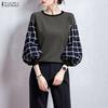 Women Casual Round Neck Puff Sleeve Grid Print Splice Loose Blouse