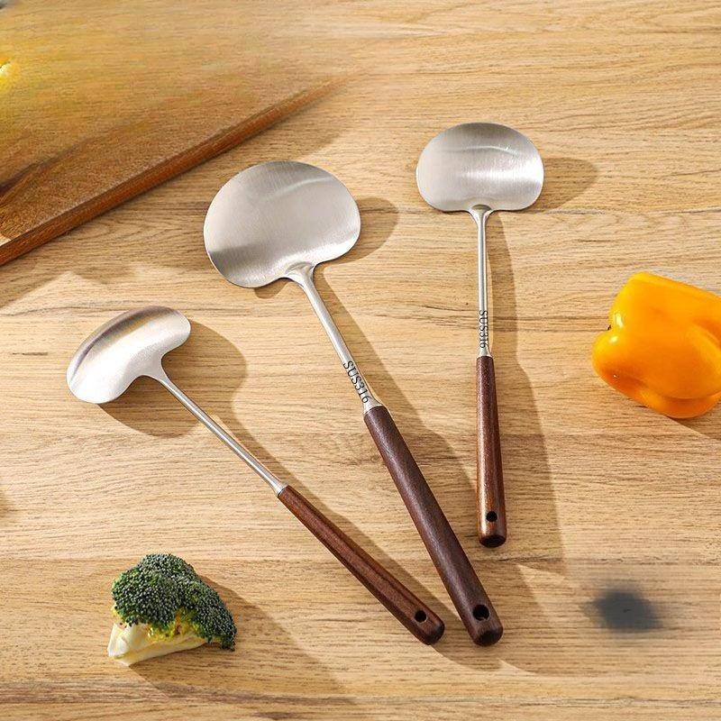 1PC Stainless Steel Spatula Walnut Wood Long Handled Mushroom Spatula Vegetable Spatula Kitchen Stir Fry Spoon7