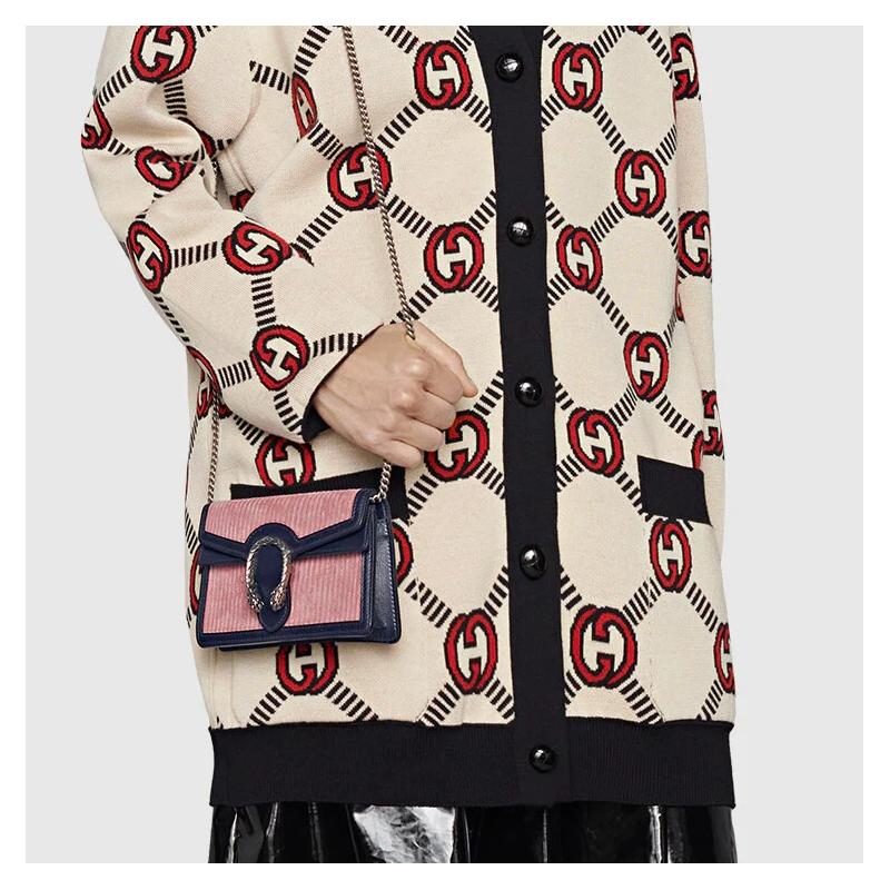 Gucci Dionysus distressed tiger head buckle chain corduroy shoulder bag crossbody bag women's pink and dark blue