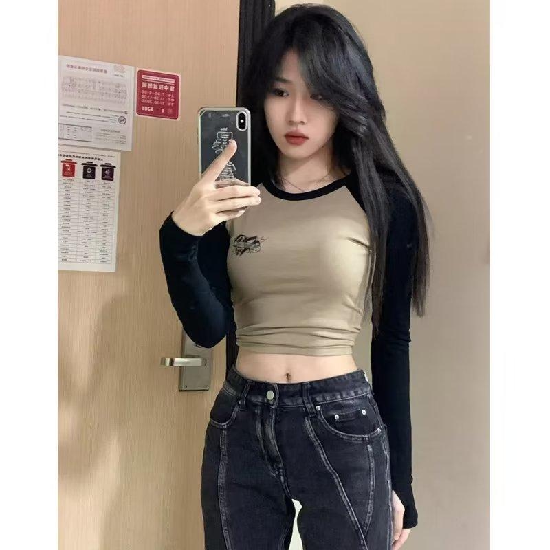 Y2K Graphic Print T-shirt Women Spring Long Sleeve O Neck Crop Tops Vintage Harajuku Crop Top