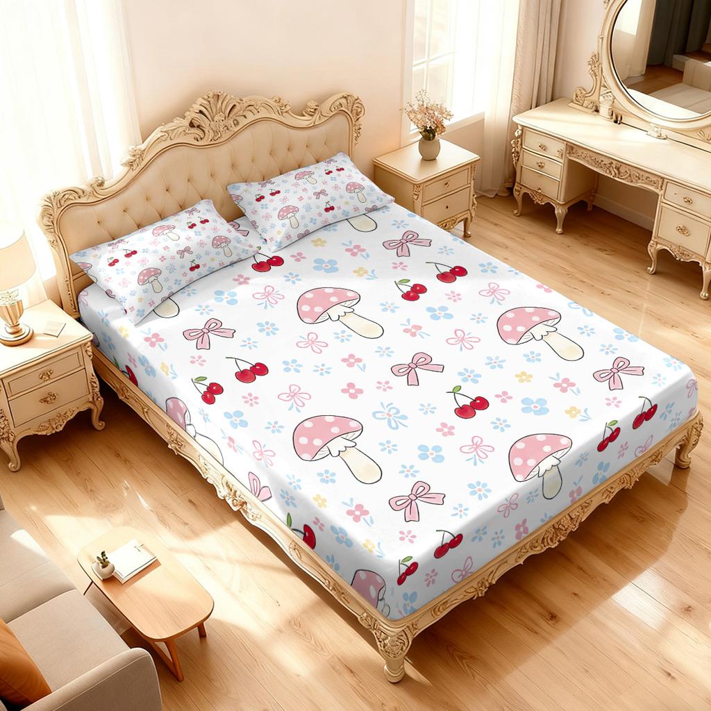3pcs Color Cartoon Mushroom Print Coreless Bed Sheet Set, Multi Size Soft Bed Cover, Bedroom Bedding Decoration, Washable