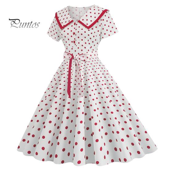 Женское праздничное платье Vinatge, большой подол, контрастный цвет, точечный принт, высокая талия с поясом, молния сзади, короткий рукав, кукольный воротник, 50-е, 60-е годы, выпускной, свадьба, принцесса