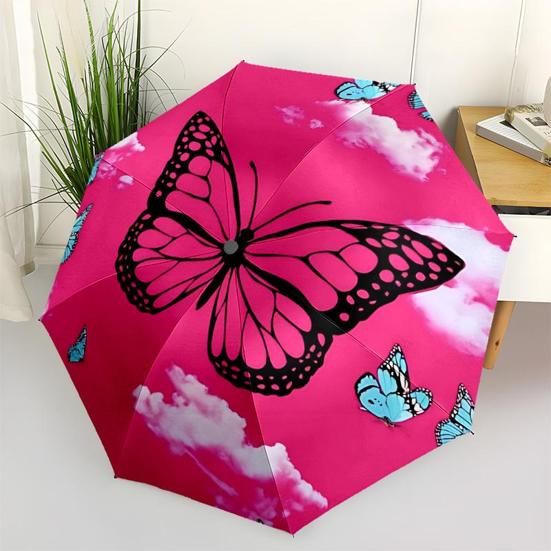 1pc Butterfly Pink Sky Automatic Folding Umbrella, 8-Rib Iron Frame, Casual Outdoor Accessory for Birthday Festival Gifts yy251128186