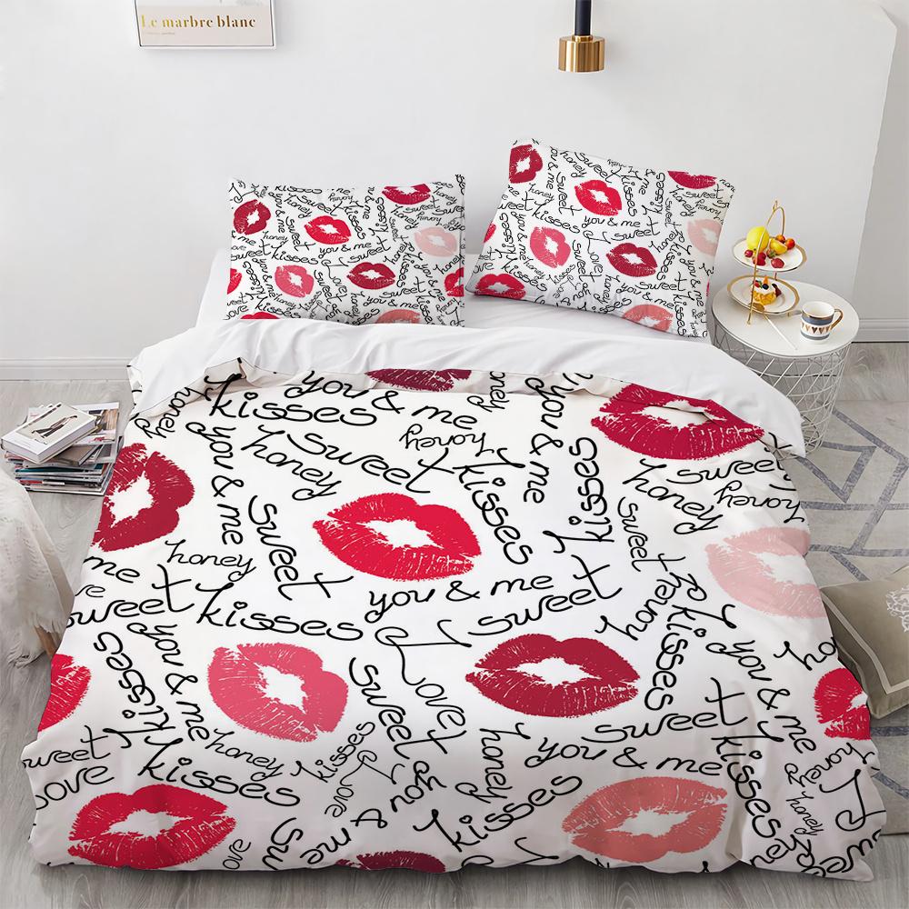3D Print Red Lips Duvet Cover Set Sexy Theme Romantic Style For Girls Women Couple Bedding Set King Queen Size With Pillowcase