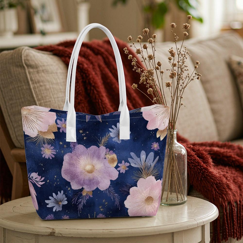 Purple Floral Tote Bag Fashion Casual Large Capacity Portable Women Daily Use Handbag for Shopping Travel