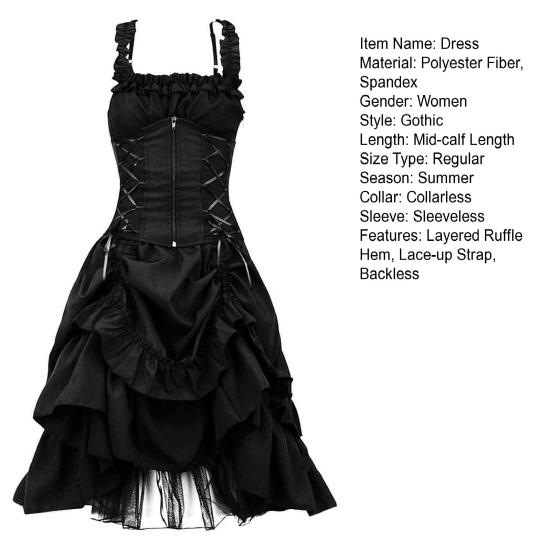Женское платье для косплея в готическом стиле, ведьма, многослойный сетчатый костюм с рюшами и подолом на Хэллоуин, на шнуровке, на бретельках, без воротника, на молнии, без рукавов, трапециевидной формы.