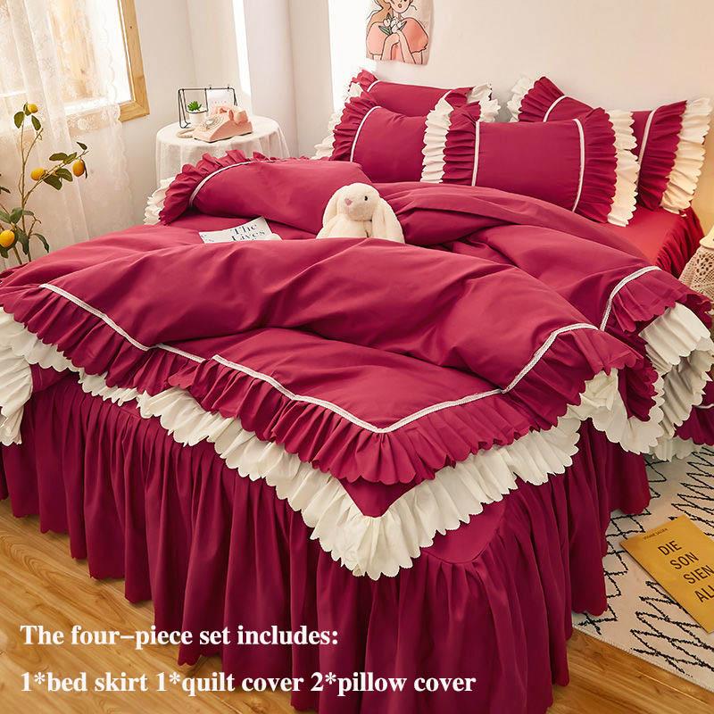 Four-piece Bed Skirt Thick Brushed Korean Style Bed Skirt and Quilt Cover Three-piece Princess Style Bedding
