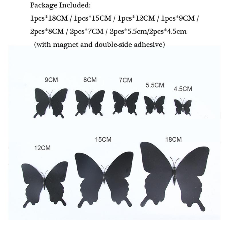 12Pcs/Set 3D Black Pteris Butterfly Wall Sticker Butterflies Magnet Stickers
