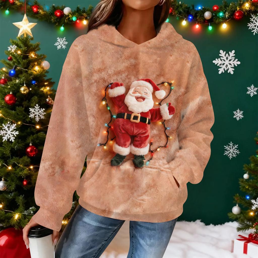 Women's Hooded Long Sleeve Christmas Printed Flannel Top Hooded Sweatshirt