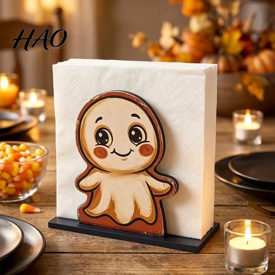 Holiday Party Supplies Halloween Wooden Napkin Holder, Cute Black Cat Mummy Pumpkin Spooky Kitchen Decor Desktop Organizer for Party, Festive