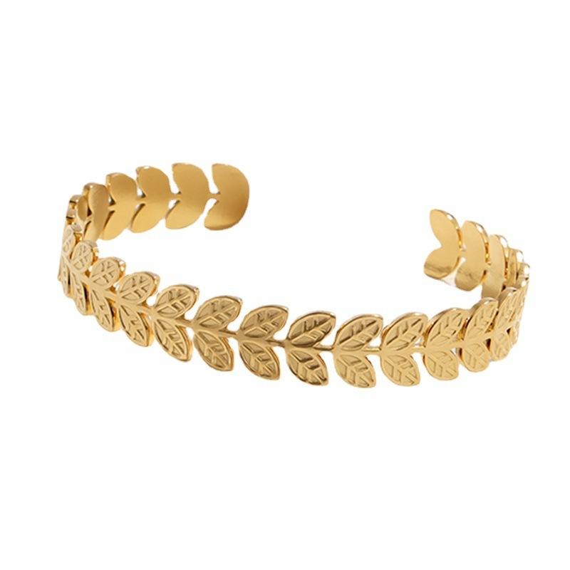 Non-tarnish Hypoallergenic Creative Stainless Steel Leaf Bracelet Women's Opening Adjustable 18K Gold C-shaped Bracelet