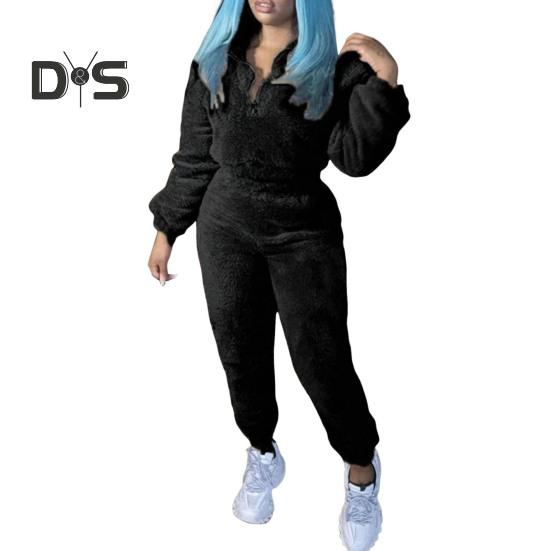 2 шт./комплект женский топ брюки костюм однотонный длинный рукав воротник стойка топ эластичный пояс толстые плюшевые брюки спортивный фитнес костюм пижама осень зима