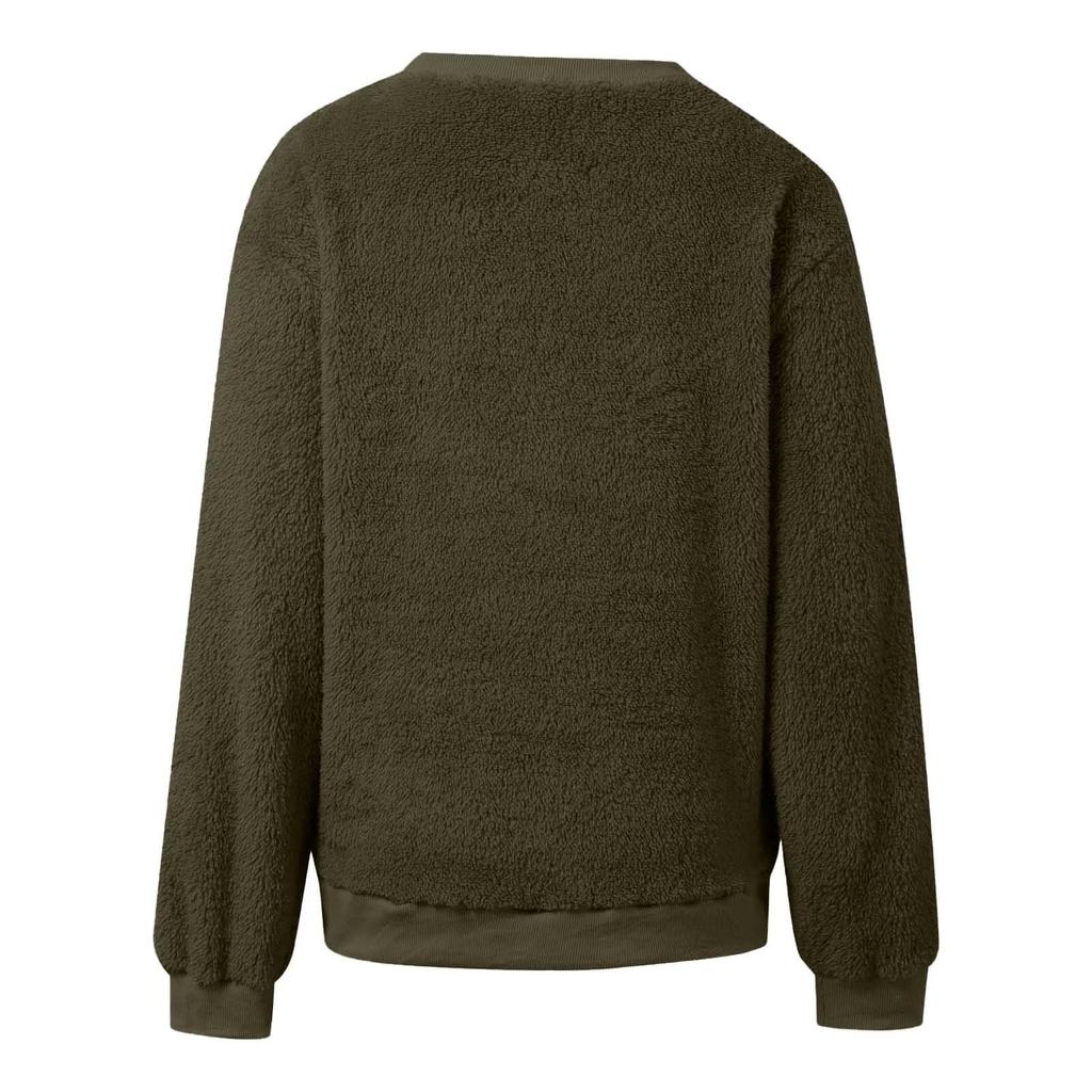 Women's Fashionable Solid Color Round Neck Long Sleeved Pocket Sports Shirt Plush Hoodie Top