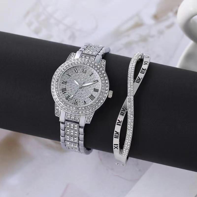 Full Diamond Roman Literary Steel Belt Watch Female Gypsy Temperament Business Quartz Watch Hip Hop Wind Full Diamond Bracelet Set