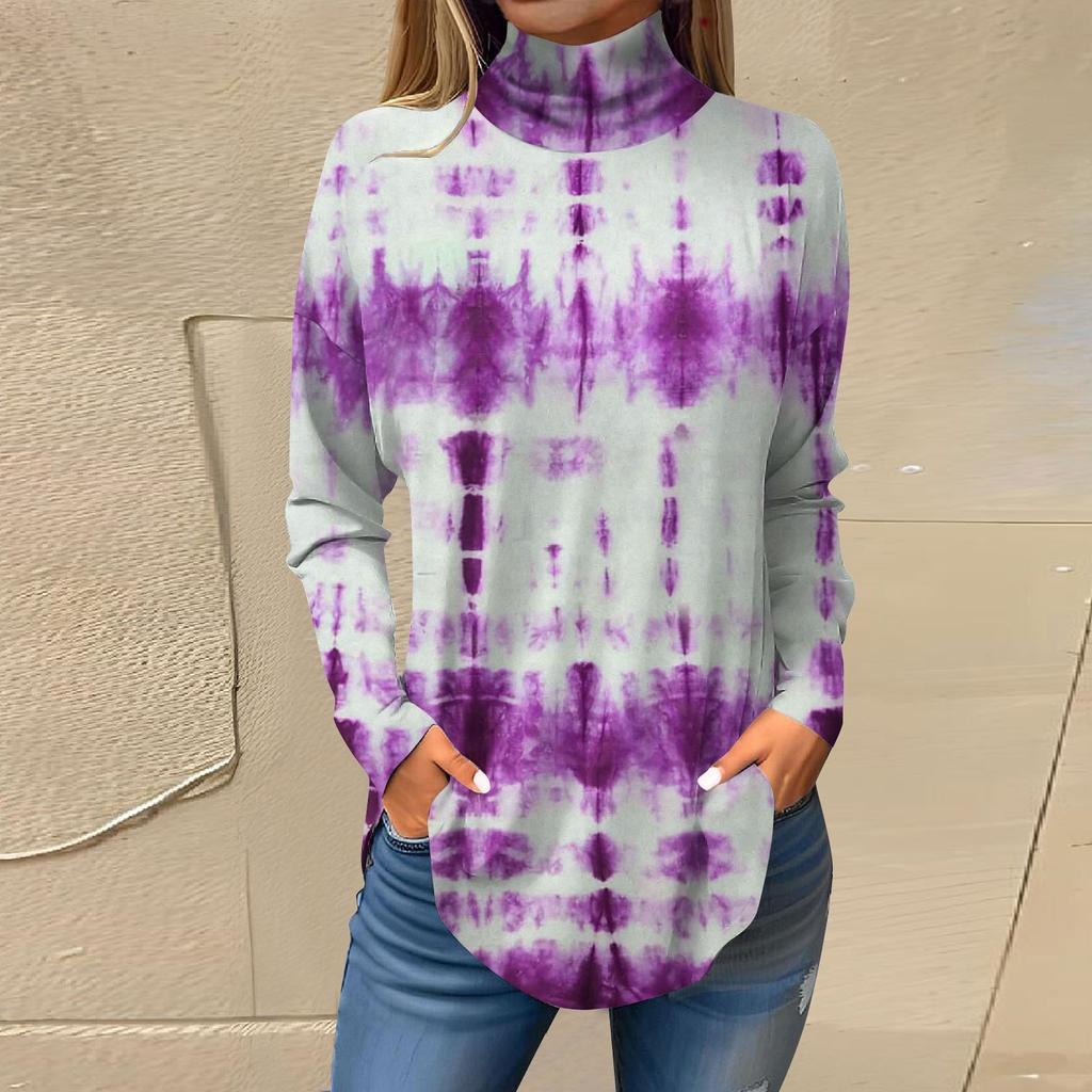 Футболки для женщин, осенние повседневные рубашки с длинными рукавами, толстовка с винтажным принтом, топ с высоким воротом, пуловер