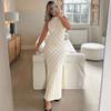 Hollow Out Sleeveless Sexy Maxi Dress Women High Split Fashion Beach Holiday Mesh Dress Patchwork Knitwear Autumn Dress