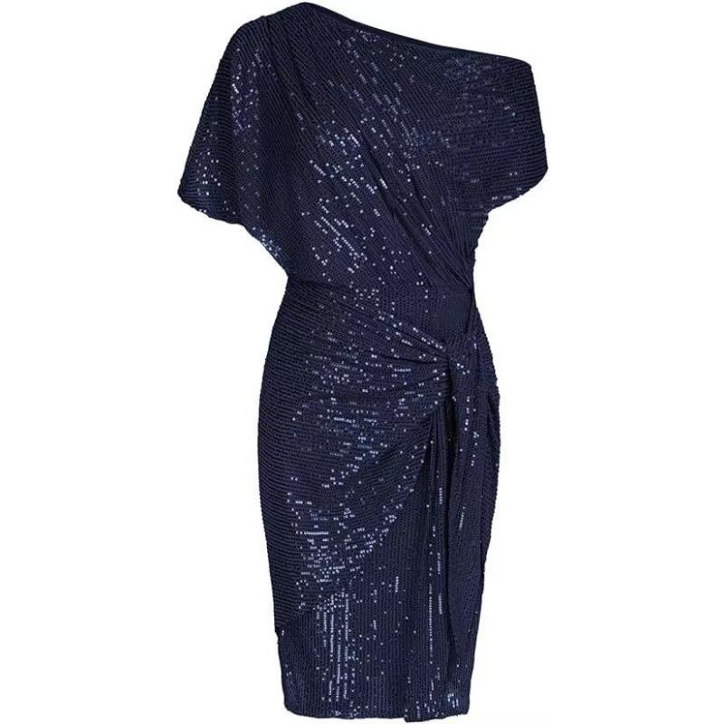 Новое европейское и американское женское платье для вечеринки и клуба с пайетками, одно плечо, плиссированное тостовое платье, мода