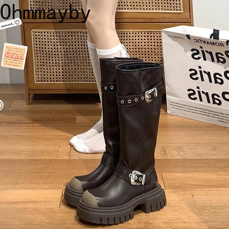 Fashion Vintage Platform Women Knee High Boots Fashion Belt Buckle Shoes Thick Heel Autumn Winter Ladies Knight Long Booties