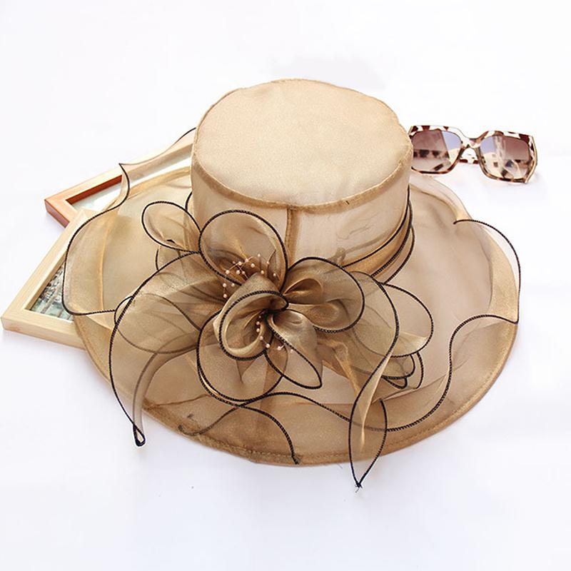 Vintage Organza Wide Brim Hat For Women Church Dress Bridal Wedding Hat Floral Mesh Sun Hat Party Beach Caps