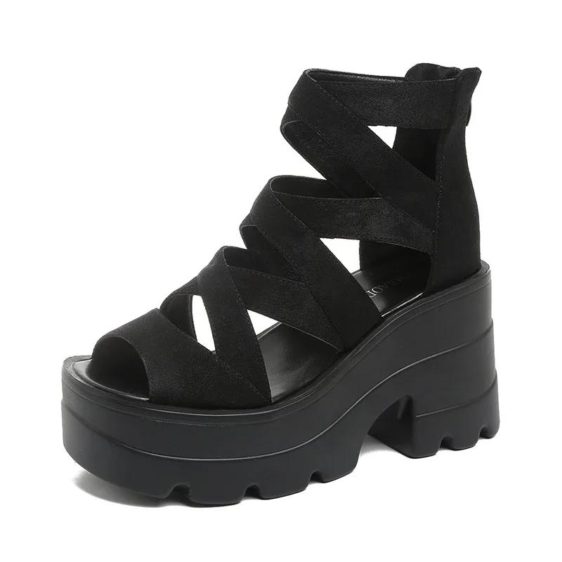 Fashion Women Shoes 2025 New Summer Square Heel Sandals Round Head Hollow-out Suede Back Zipper Waterproof Shoes for Women High Heels