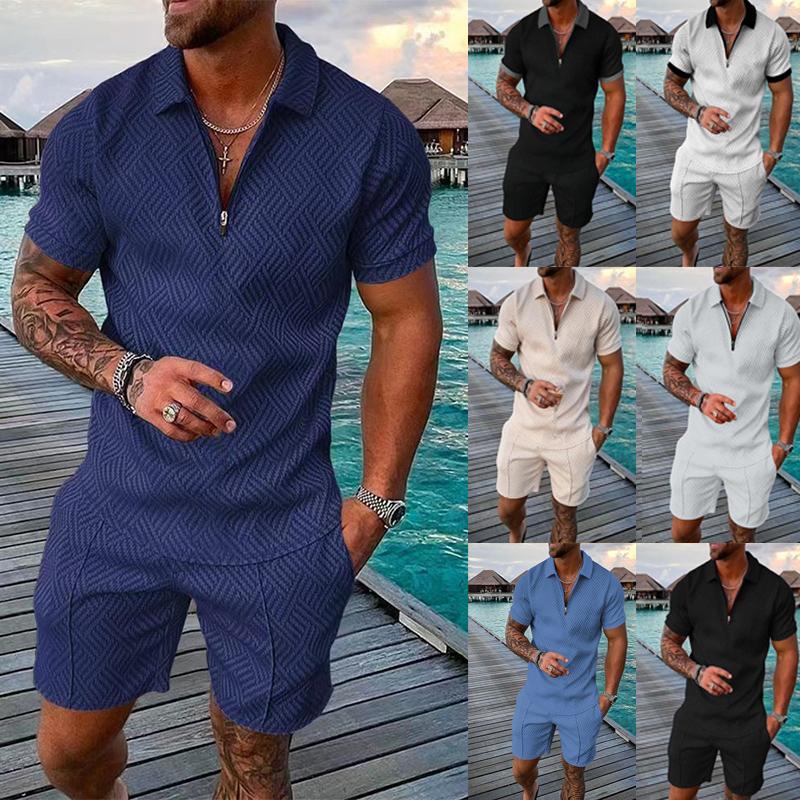 Summer Mens Outfit 2-Piece Set Short Sleeve POLO Shirts and Shorts Set T-Shirt