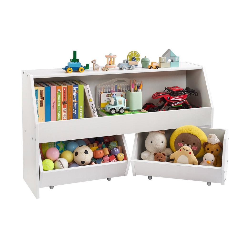 Toy Storage Organizer, Wooden Kids Bookshelf with Storage, Toy Storage Cabinet with 2 Mobile Drawers, Kids Storage Organizer for Bedroom, Nursery,