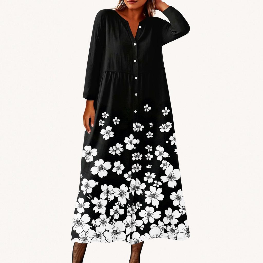 Women's Fashionable Printed Round Neck Seven Quarter Sleeve Button Loose Shirt Dress