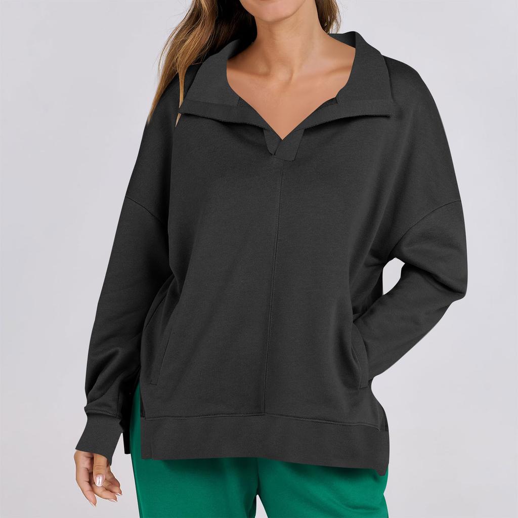 Женская мода повседневная однотонная толстовка с V-образным вырезом и карманом, с длинным рукавом