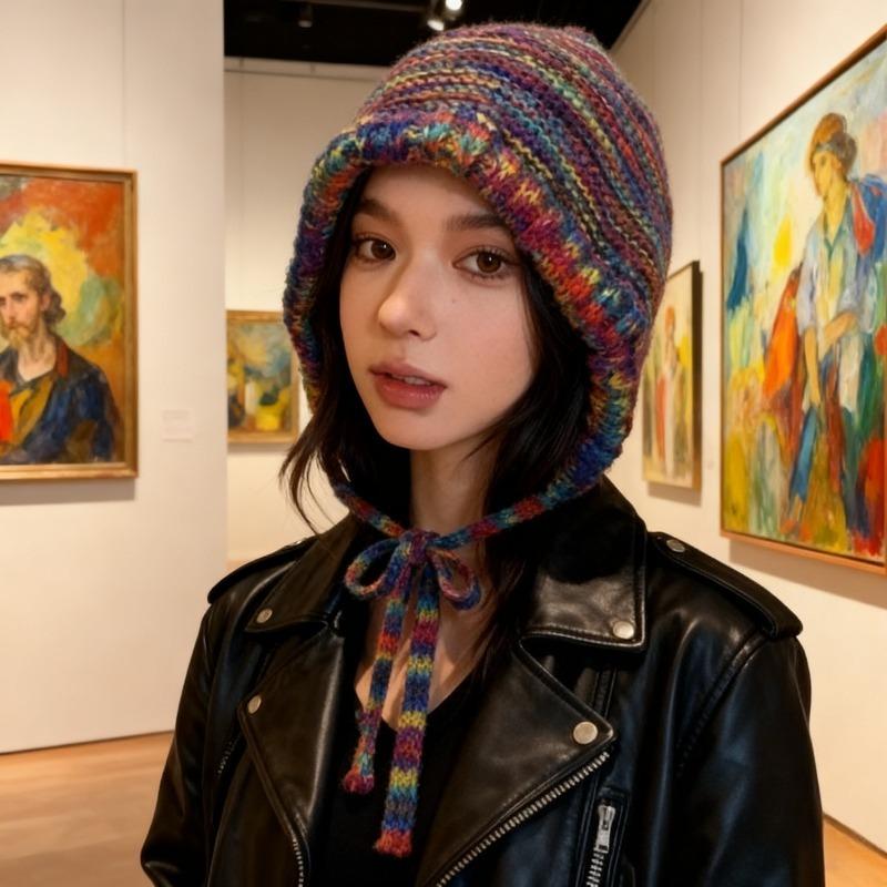 Зимняя шапка с защитой ушей, вязаная шапка-бини с радужной полосой, корейская женская кепка-рыбака, шлем для катания на лыжах для девочек