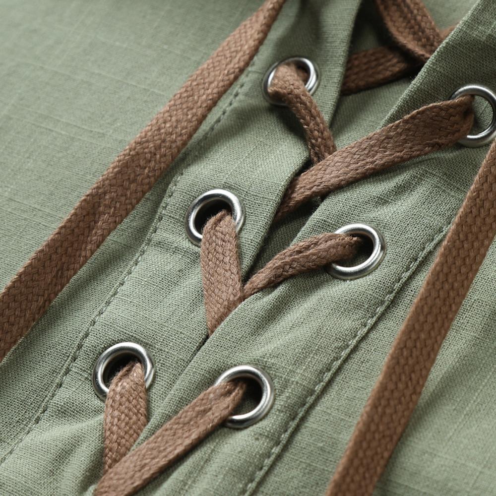 Летняя мужская рубашка из 100% хлопка и льна, однотонная, со шнуровкой и отложным воротником, льняная рубашка сверху