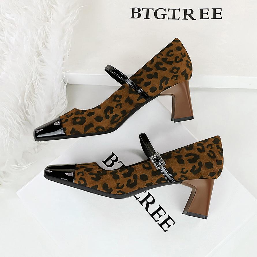 Women's Shoes with Thick Heel, Mid Heel, Shallow Mouth Splicing, Square Toe, Straight Line with Rhinestone Buckle, Single Shoe, Mary Jane Shoes