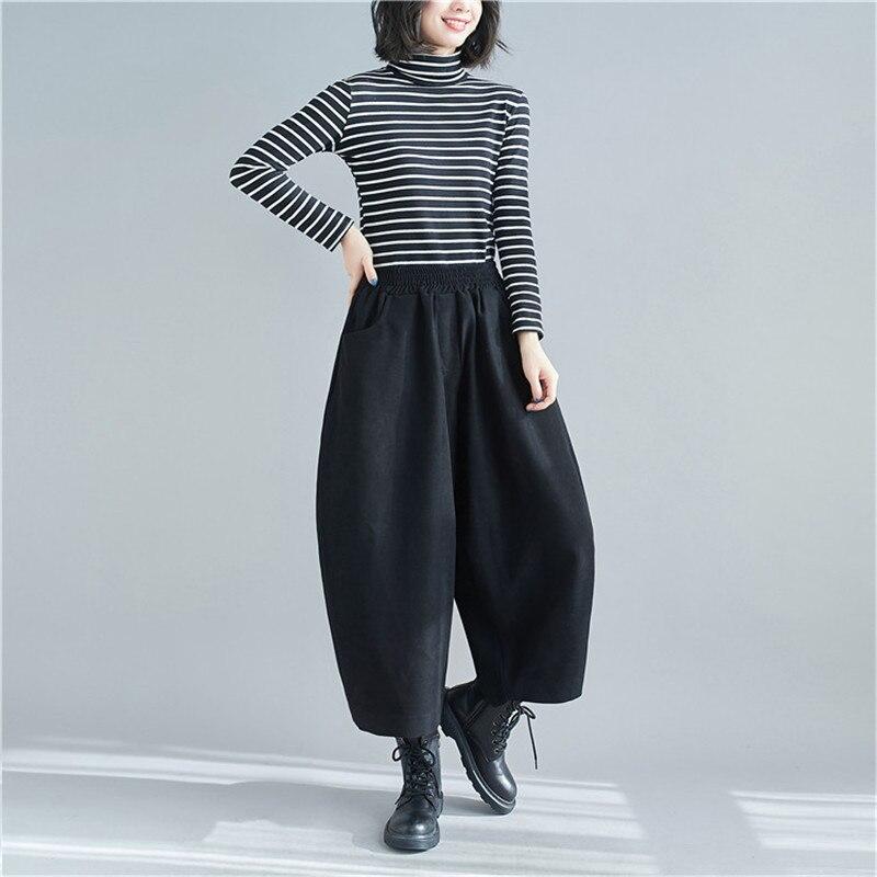 Johnature Spring Autumn Casual Thicken Harem Pants Simple Elastic Waist Loose Soild Color Ankle-lenght Women Pants