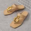 Fashionable Metal Buckle Square Toe Sandals Women's Summer New Open Toe Versatile Lazy Flat Women's Shoes