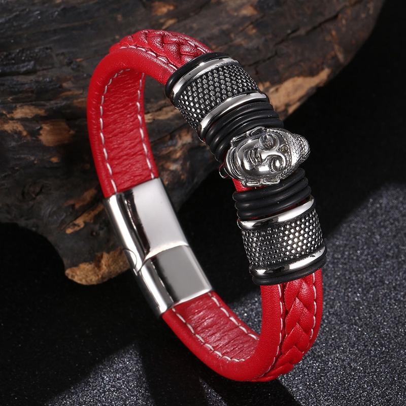 New Punk Men Jewelry Stainless Steel Buddha Head Bracelet Bangle Leather Bracelet Accessories