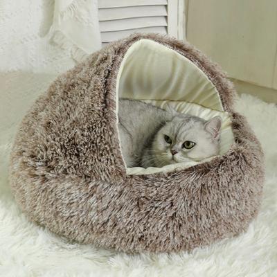 Круглая плюшевая лежанка для питомца с капюшоном, полузакрытая, для дома, пещера для маленькой кошки, собаки, зимнее теплое гнездо для сна котенка, щенка, товары для питомцев