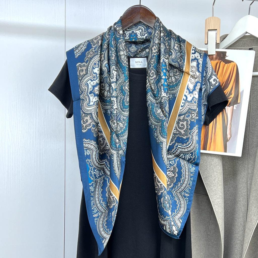Silk Scarf Women'S Retro Cashew Flower Spring And Autumn Versatile 90 Plain Crepe Satin Square Scarf Mulberry Silk Scarf Shawl