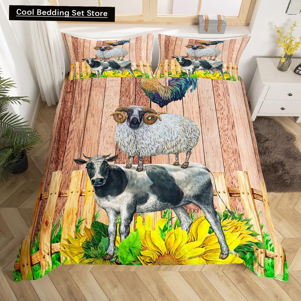 Farm Animals King Queen Duvet Cover Rooster Sheep Pig Cow Bedding Set Farmhouse Country Comforter Cover Polyester Quilt Cover