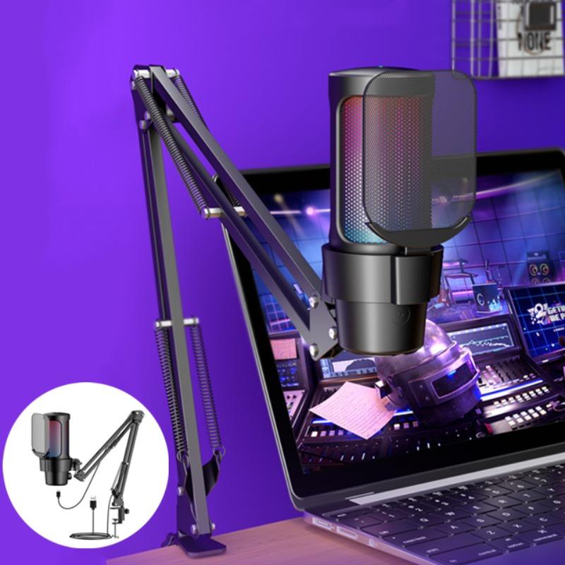 USB Microphone for PC with Boom Arm for Podcast Video, Streaming, Condenser Microphone with Quick Mute, RGB Indicator Light, Shock Absorbing Stand