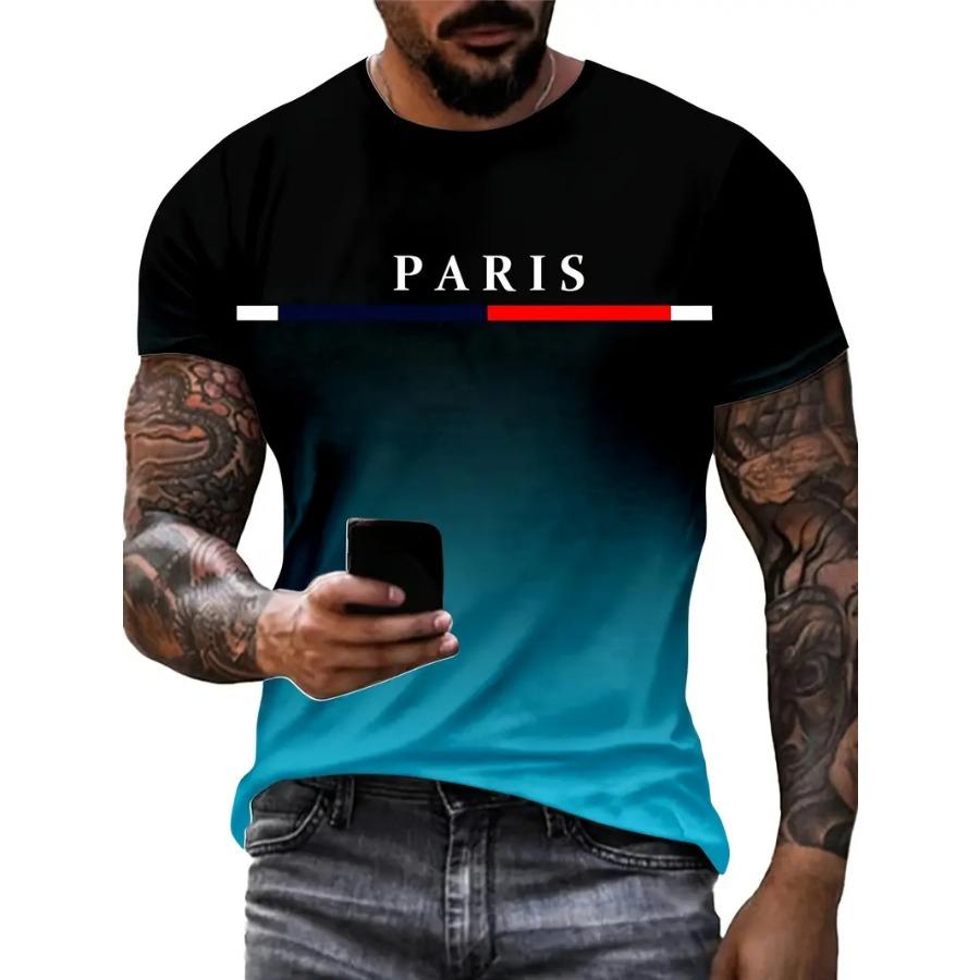 Vibrant Gradient Color Paris Graphic Print T-Shirt - Short Sleeve Crew Neck Tee Casual Breathable Comfortable Summer Outdoor Mens Clothing