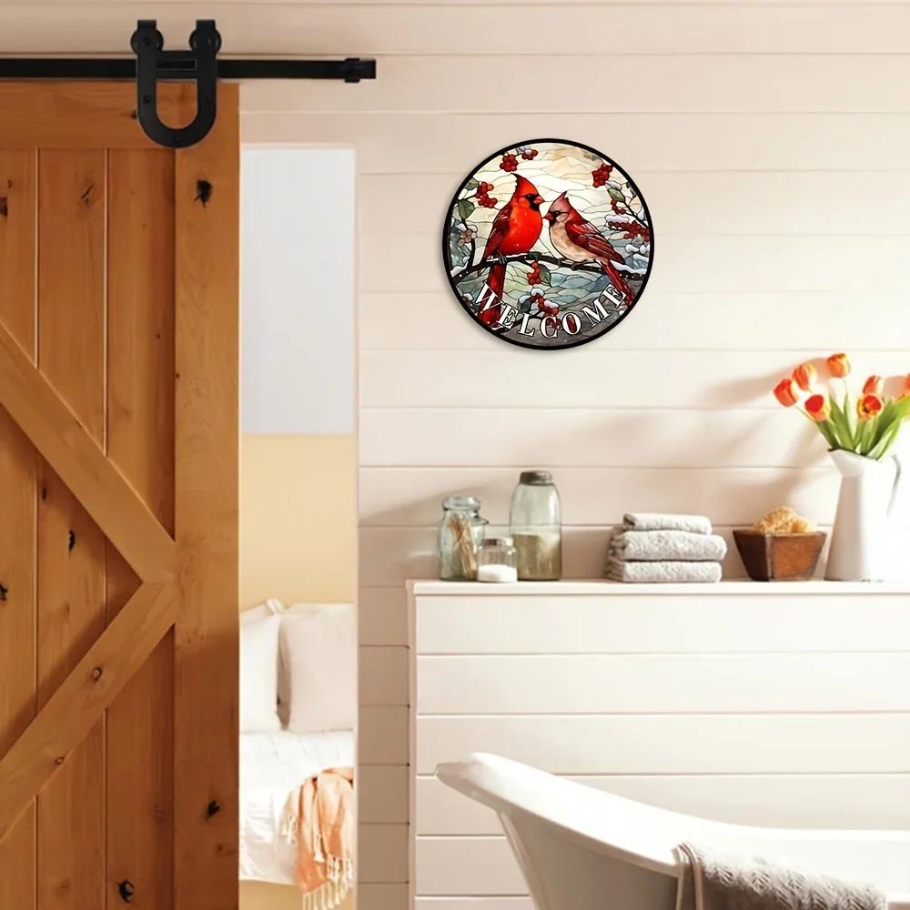 1 шт., приветственный венок с кардиналом и ягодами падуба, зимняя деревенская металлическая жестяная вывеска, декоративная настенная витражная табличка с изображением красной птицы
