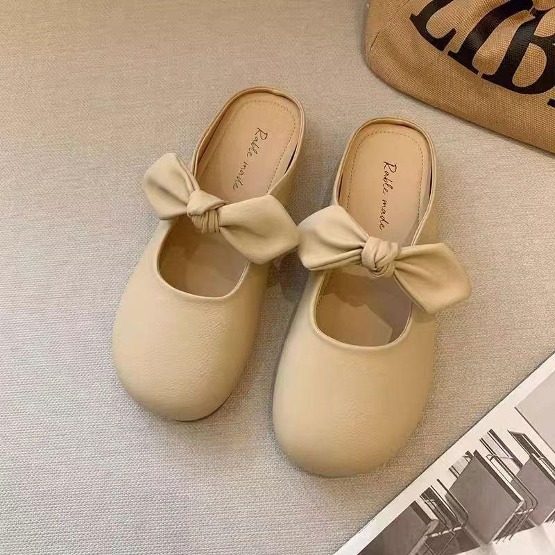 Тапочки Baotou женские ленивые туфли 2024 лето новые французские нежные банты с одной педалью полуподдерживающие одинарные туфли