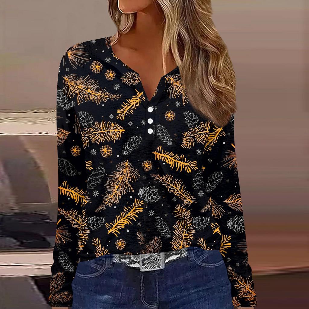 Длинные рукава женские топы с цветочным принтом винтажная мода повседневные свободные с V-образным вырезом рубашки больших размеров Рождество