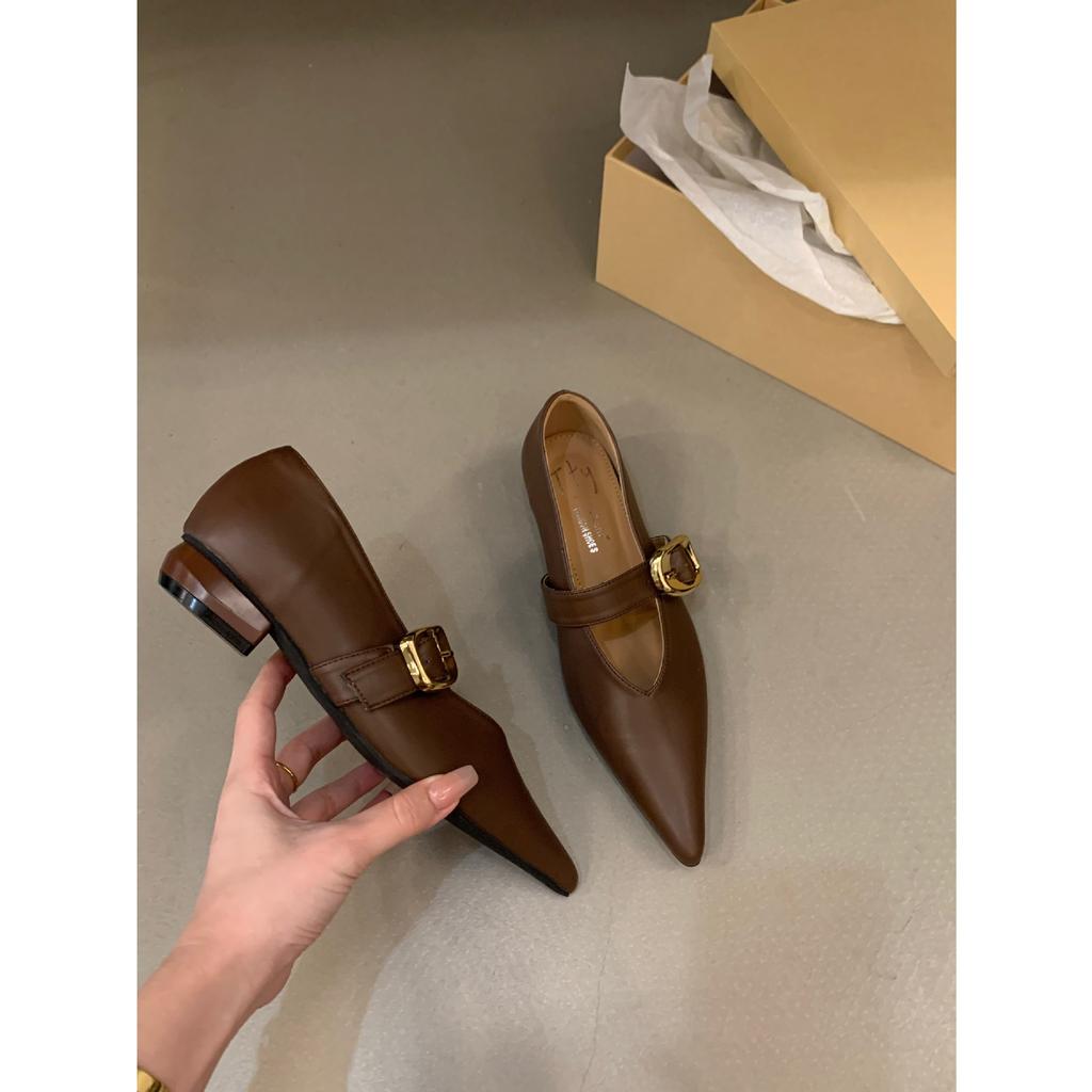 Туфли на плоской подошве с острым носком черного цвета, женские летние туфли на низком французском каблуке, темпераментные туфли Мэри Джейн из кожи