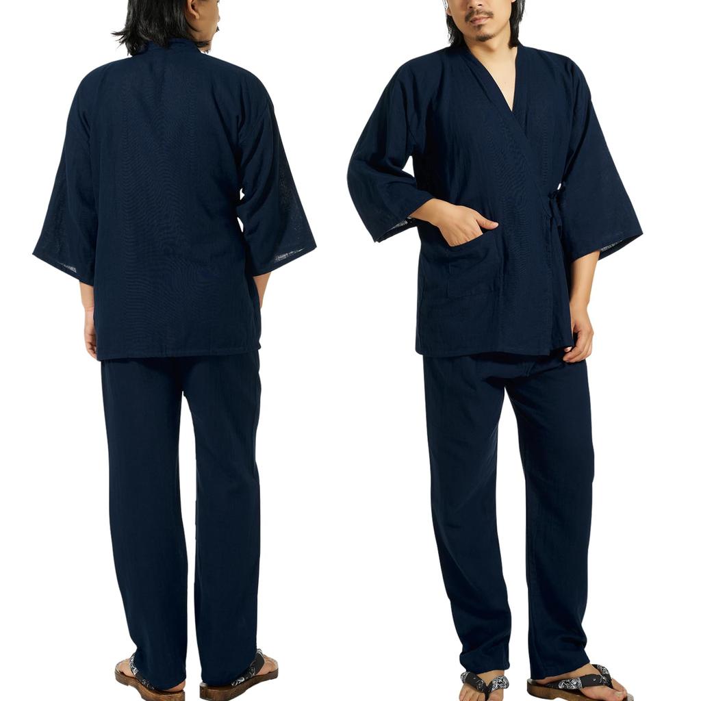 Amy Coulee Jinbei Double Gauze Top and Bottom Front Indoor Wear for Ryokan Hot with Pockets Men's Pajamas, Samue, 100% Cotton, Set, Opening,