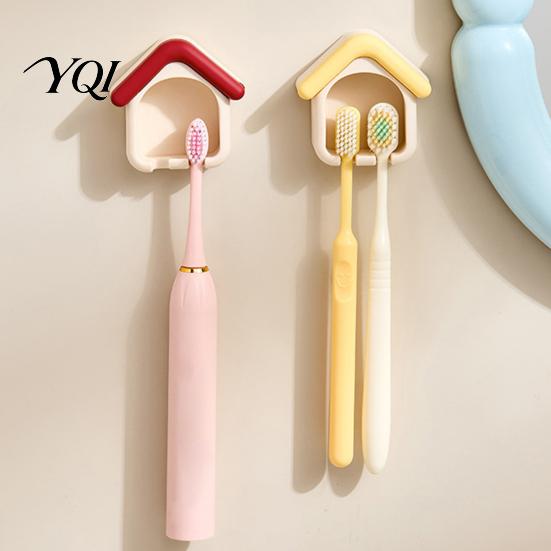 Soft Card Slot Toothbrush Holder Cartoon House Holder, Wall Mounted Bathroom Organizer, Suspended Cute Storage Drainage Drying Rack for Electric