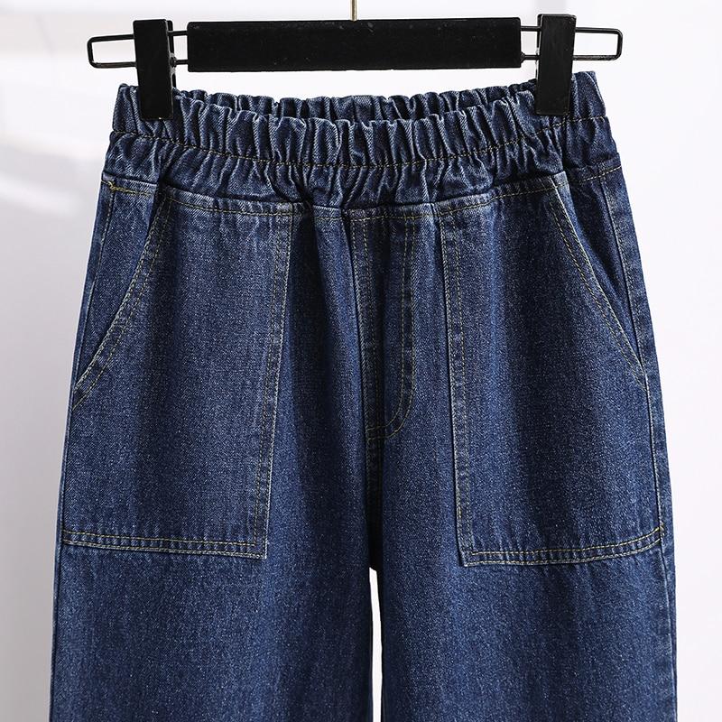 Plus Size Women Jeans Pants High Waist Loose Denim Female Elastic Waist Basic Pockets Trousers
