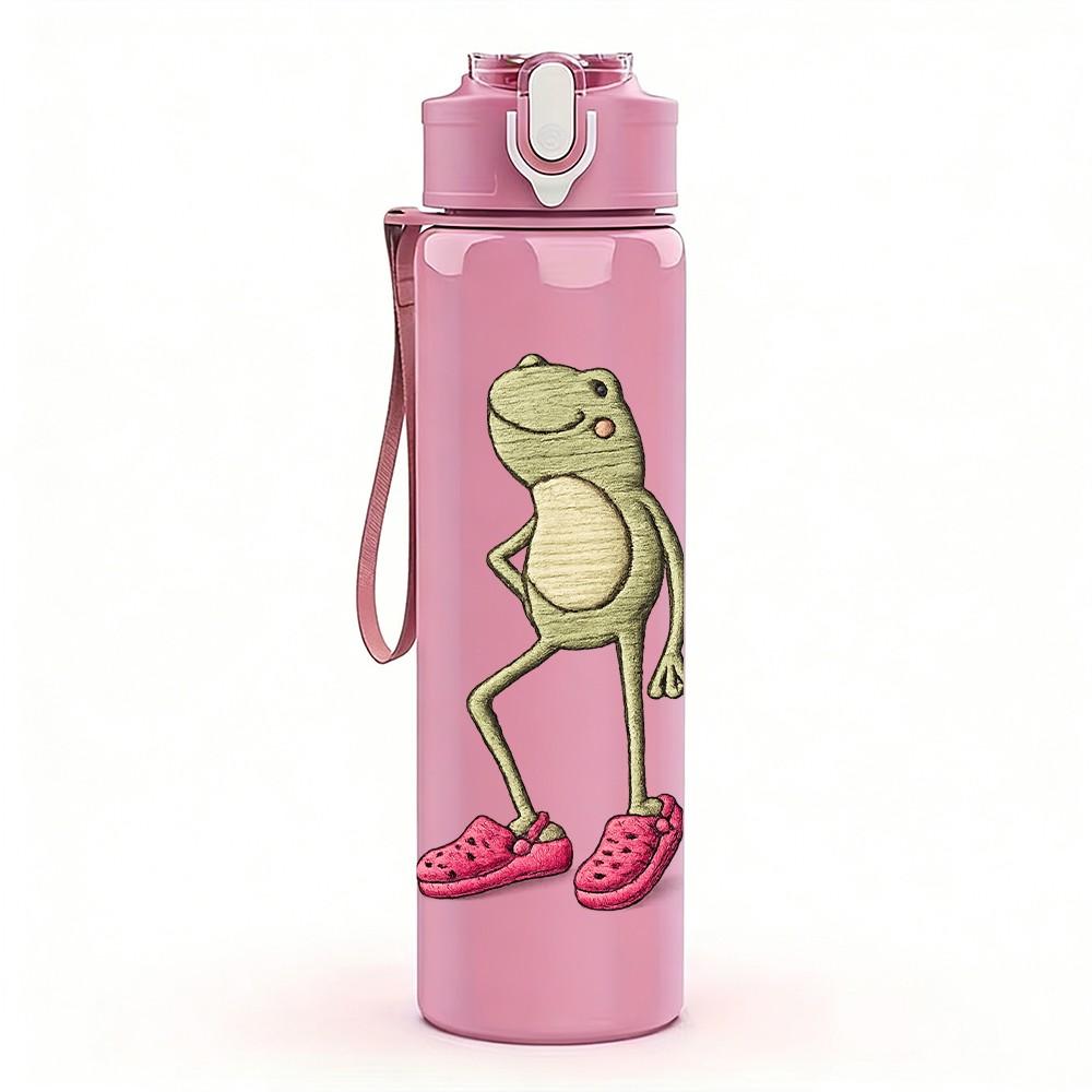1PC Pink Slipper Frog Cute Cartoon Print 750ml Color Plastic Sports Water Bottle Leakproof Flip Straw Lid Suitable for Sports Office Home Use